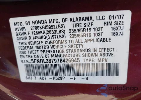 2007 Honda Odyssey Ex-L from USA, damaged, VIN 5FNRL38797B426945